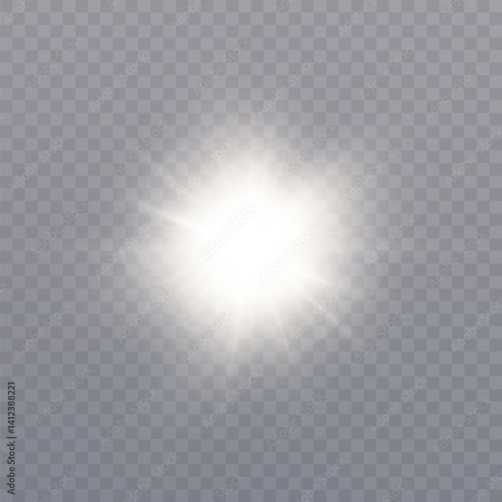 Poster bright white flash with glowing radial rays and soft haze on transparent background.