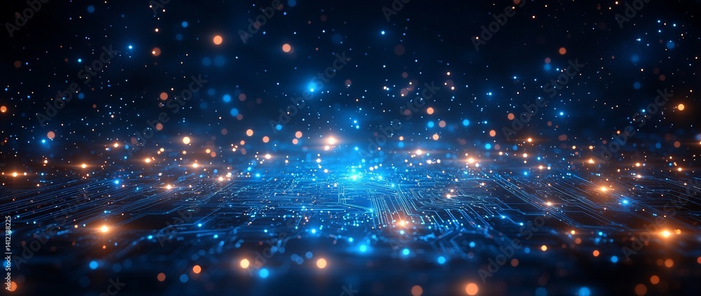 Poster a blue and white image of a network of lines and dots, blue technology background with circuit board
