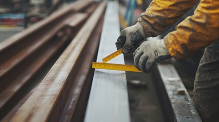 Steelworker measuring metal beams for assembly. Featuring precision and planning
