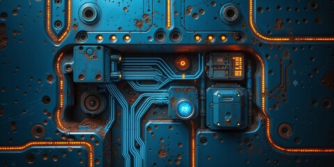 Fototapeta premium Intricate circuitry and components of a futuristic machine, glowing with blue and orange lights.