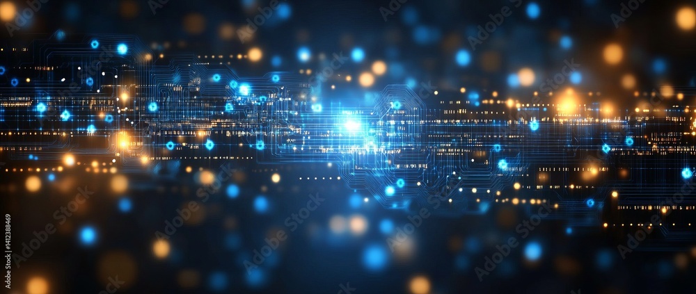 Poster a blue and white image of a network of lines and dots, blue technology background with circuit board