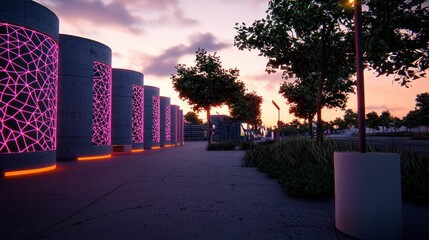 Illuminated modern parkway at dusk with glowing structures