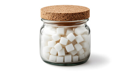 A clear glass jar filled with white sugar cubes, topped with a cork lid, creating a minimalist and aesthetic kitchen display.