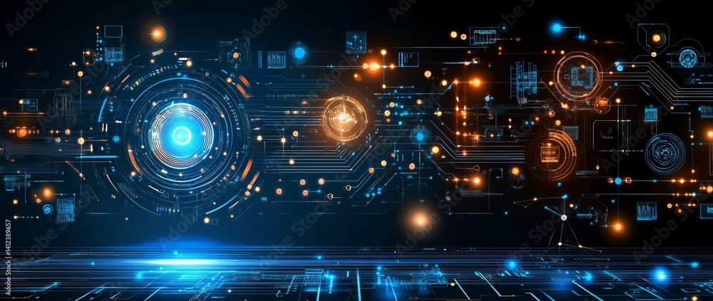 Poster a blue and white image of a network of lines and dots, blue technology background with circuit board