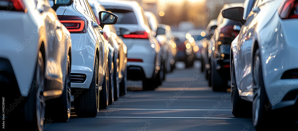 Poster a row of automobiles: a captivating photograph showcases a line of sleek, modern automobiles, emphas