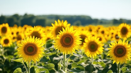 Obraz premium Serene Sunflower Spectacle: A Vibrant Tapestry of Helianthus Blooms in Fields