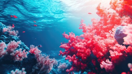 Obraz premium Generative AI illustration of an underwater view of blue sea with red coral reefs