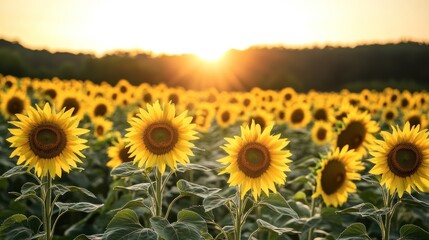 Fototapeta premium Golden hour spectacle: Sunflowers bathing in the radiant glow of setting sun