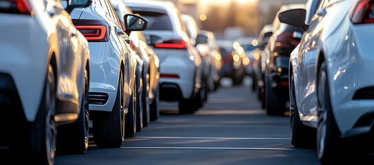 A Row of Automobiles: A captivating photograph showcases a line of sleek, modern automobiles, emphasizing their design, with an inviting view that entices the viewer. 