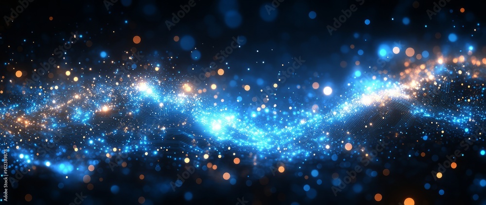 Poster a blue and white image of a network of lines and dots, blue technology background with circuit board