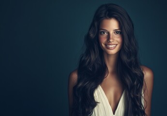 Fototapeta premium A beautiful woman with black hair and healthy teeth is often characterized by her long curly hairstyle