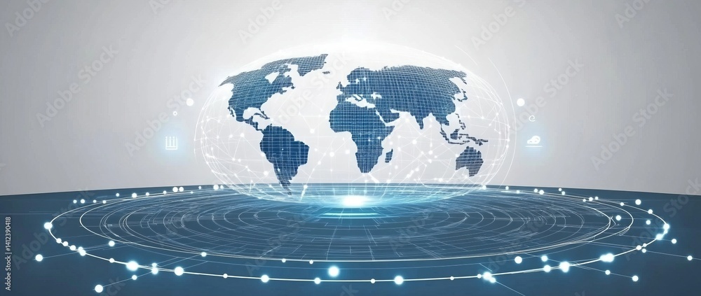 Poster a blue and white image of a network of lines and dots, blue technology background with circuit board