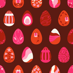 Jajka wielkanocne. Nowoczesny bezszwowy wzór z dodatkiem różowego akcentu kolorystycznego. © Monika