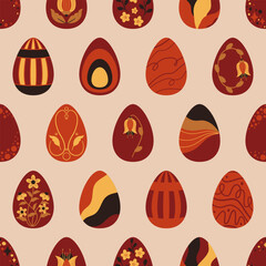 Bezszwowe tło w wielkanocne jajka. Pisanki na beżowym tle. Wzór w ciepłej tonacji z pomarańczowym akcentem kolorystycznym. © Monika