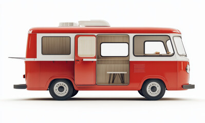 Vintage Camper Van: A classic, vibrantly-colored camper van, evoking memories of road trips and adventures, stands ready for exploration. With an open door, it's an invitation to travel and freedom.