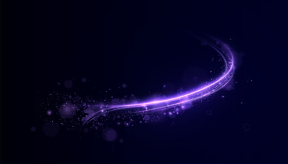 Curved purple light trail with glowing particles, glitter and bokeh on a dark background. Perfect for fantasy designs, space scenes, magical energy effects and abstract UI elements. © MAKSYM