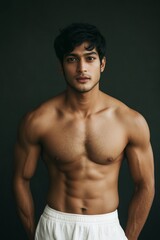 Fototapeta premium A muscular and fit young male model, who is a bodybuilder, poses in front of a black background, showcasing his strong physique with well-defined abs, shoulders, biceps, triceps, and chest