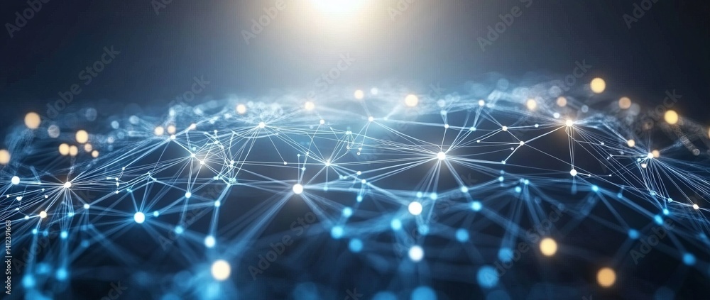 Poster a blue and white image of a network of lines and dots, blue technology background with circuit board
