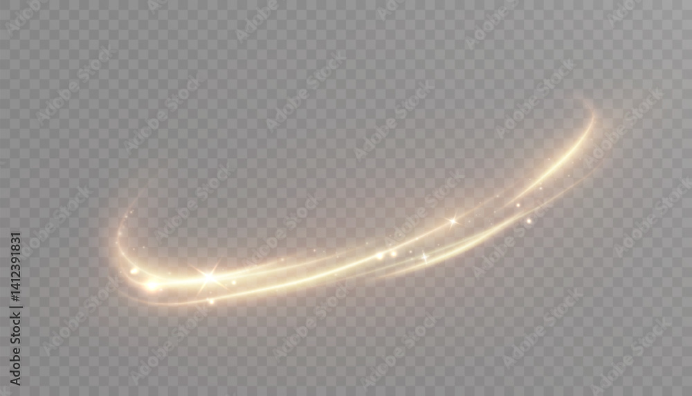 Poster Golden curved light trails with orange glow effect on transparent background. Vector for dynamic graphics, digital overlays, holiday designs or dynamic glowing backgrounds.