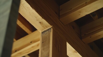 Carpenter trimming wooden beams for ceiling installation. Featuring craftsmanship and attention to detail