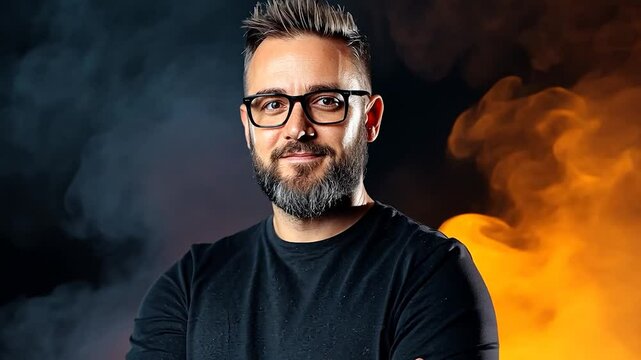 Confident man with glasses posing against a dramatic smoky background, showcasing charisma