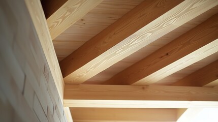 Carpenter trimming wooden beams for ceiling installation. Featuring craftsmanship and attention to detail