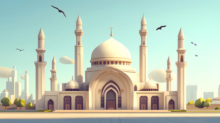 Obraz premium Islamic Mosque with Domes and Minarets Under Blue Sky with Birds. Architectural Design, Religious Building, Cultural Landmark