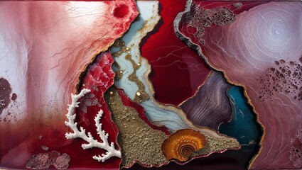 Abstract geological landscape with coral, seashell, and metallic gold accents, red and blue