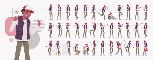 Young dark skin guy wearing cap, puffer vest character set, warm outerwear poses bundle. Student boy active urban holiday, outing hiking boots, casual and daily outdoors actions. Vector illustration