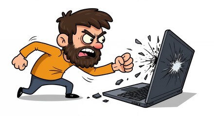 Angry man smashing laptop illustration
