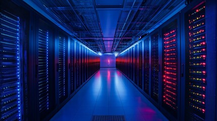 Fototapeta premium Data center with rows of servers illuminated with blue and red lights.