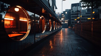 Rainy city street, modern building with circular windows, interior lights visible, urban alley