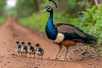 A mother peacock (Phasianidae family) with her baby chicks following closely behind
