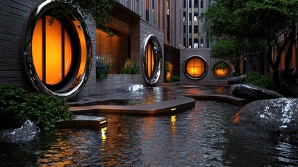 City plaza courtyard at dusk with circular windows
