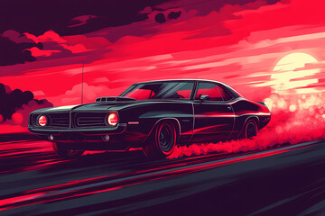 Naklejka premium Vintage Car's Fiery Drive: A vintage muscle car speeds along a road, leaving a trail of smoke beneath a dramatic, red-hued sunset. A scene of power and classic design.