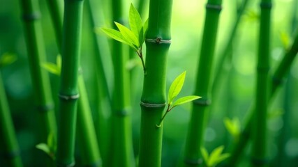 Obraz premium Close-up of green bamboo trunks in forest with blurred natural background.