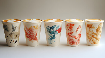 Five unique, artistic coffee cups showcasing colorful latte art and intricate designs.