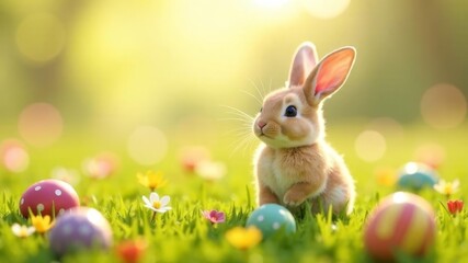 Obraz premium Cute bunny sitting in grass among Easter eggs and flowers in sunny spring field.