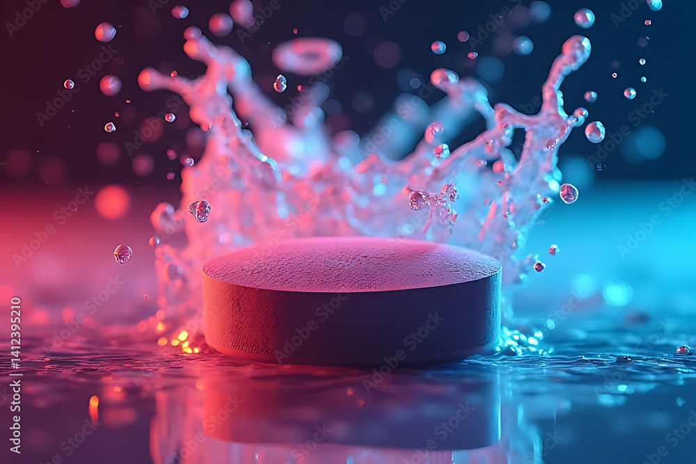 Poster dynamic water splashing around circular object studio setting high-contrast close-up view