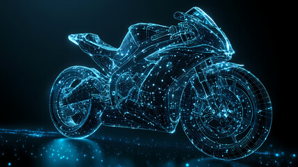 Cybernetic Motorbike: A high-tech image showcases a futuristic motorcycle rendered in glowing, digital particles against a sleek black background. This artistic piece captures the essence of speed.