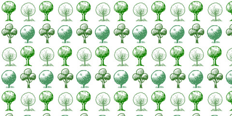 Seamless pattern of hand-drawn trees isolated