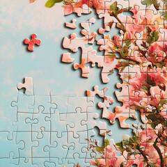 Fototapeta premium Whimsical jigsaw puzzle pieces among blossoming cherry trees artistic display bright environment close-up view creativity unleashed