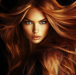 Obraz premium A redhead woman with long hair is portrayed against a black backdrop, embodying perfection with her blue eyes, flawless skin, subtle natural makeup, and vibrant red locks