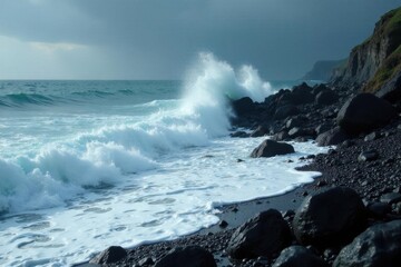 Immense black and white breakers pound jagged shore , storm, breaker