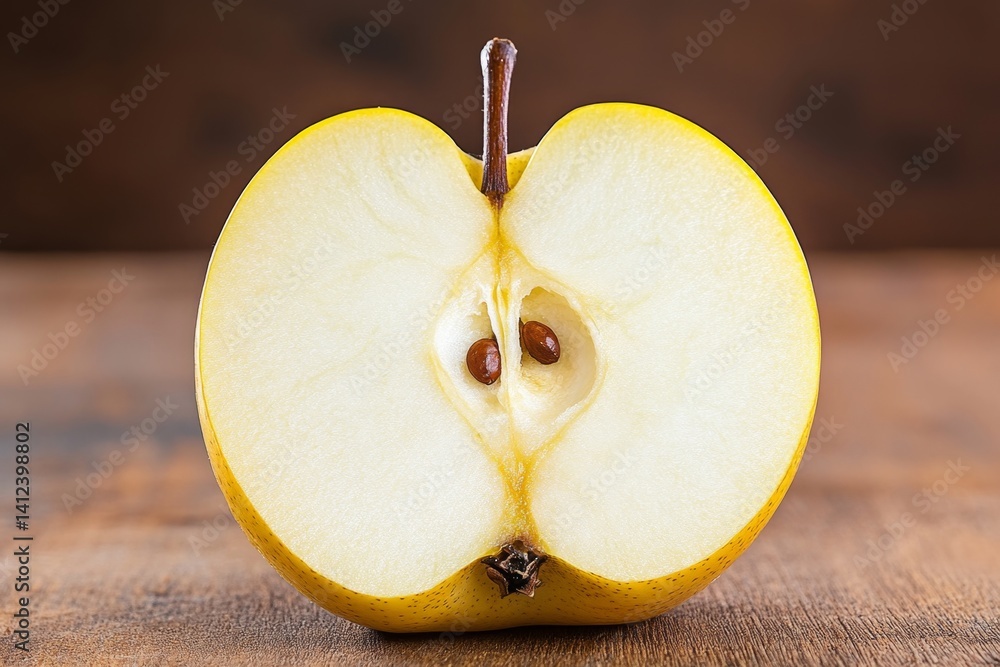 Aufkleber A sliced pear showing its delicate seed core, set against a dark rustic background