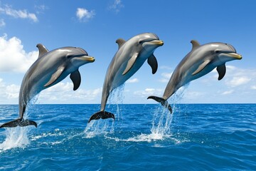 Obraz premium A sleek, modern illustration of three dolphins jumping in sync (Delphinidae family)