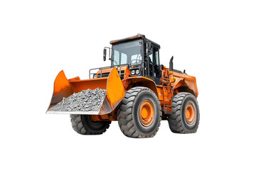 Fototapeta premium Orange wheel loader carrying rocks construction vehicle heavy machinery industrial equipment