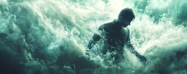 Fototapeta premium Surreal image of a man underwater, surrounded by fluid abstract forms, dreamscape of the subconscious mind, emotional isolation