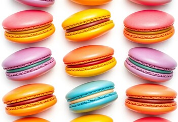 High-contrast seamless pattern of vibrant macarons arranged on a pristine white background, offering ample empty space, digital art, textile