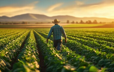 Fototapeta premium A Farmer's Day in the Field: Majestic Sunset over Lush Crops